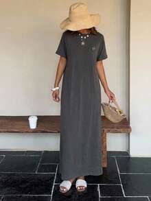 FRIFUL Women Brown Long Embroidered Pattern Dress, Summer Maxi Dress - Light Grey - View 2