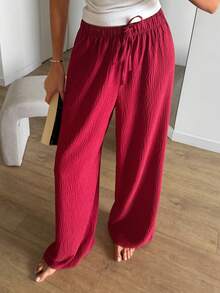 DAZY Women's Comfortable Casual Textured Drawstring Waist Long Pants Pajama Bottoms Fall - Burgundy - View 4