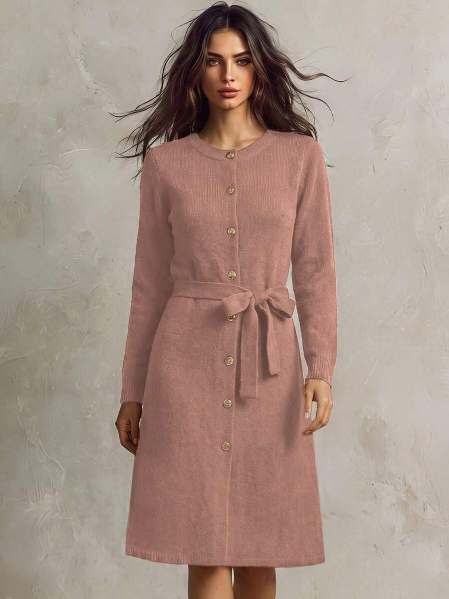 SHEIN Franclia 女士浅粉色圆领纽扣腰带长款针织毛衣连衣裙 - 淺粉色 - 查看 1
