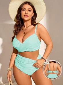 SHEIN Swim Curve Plus Size Women 2pcs Solid Color Gather Spaghetti Strap Tankini Swimwear Set, Fashionable & Minimalist For Vacation - Mint Green - View 5