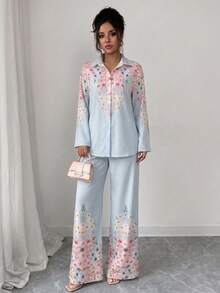 Modelyn 两件套女士碎花单排扣上衣和裤子休闲日常穿着套装 - 淺藍色 - 查看 5