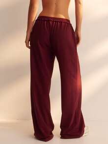 Aralina Women Loose Wide Leg Lounge Pants With Ruffled Elastic Waistband Gym Workout Summer Fall World Cup Watch Part - Burgundy - View 2