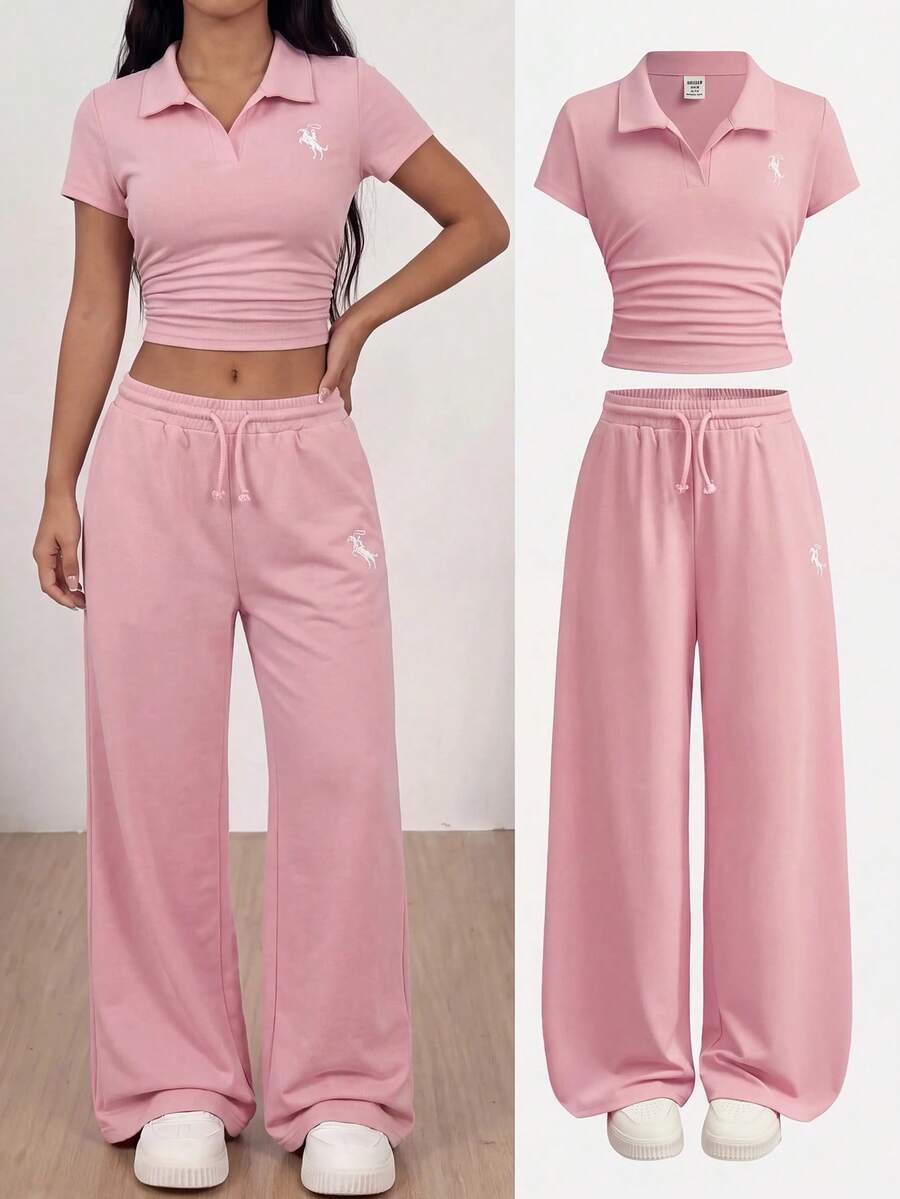 SHEIN Tween Girls 2 Pieces Set, Pink Ruffle Short Sleeve T-Shirt And High-Waist Wide Leg Pants, Cute Embroidery, Fashion Y2k Summer Holiday, Vacation - Pink - View 1