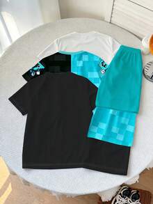 SHEIN Randomly Ships 1 Of 3 Colorblock Letter Block Print Short Sleeve Set, Casual Fashion Style - Multicolor - View 2