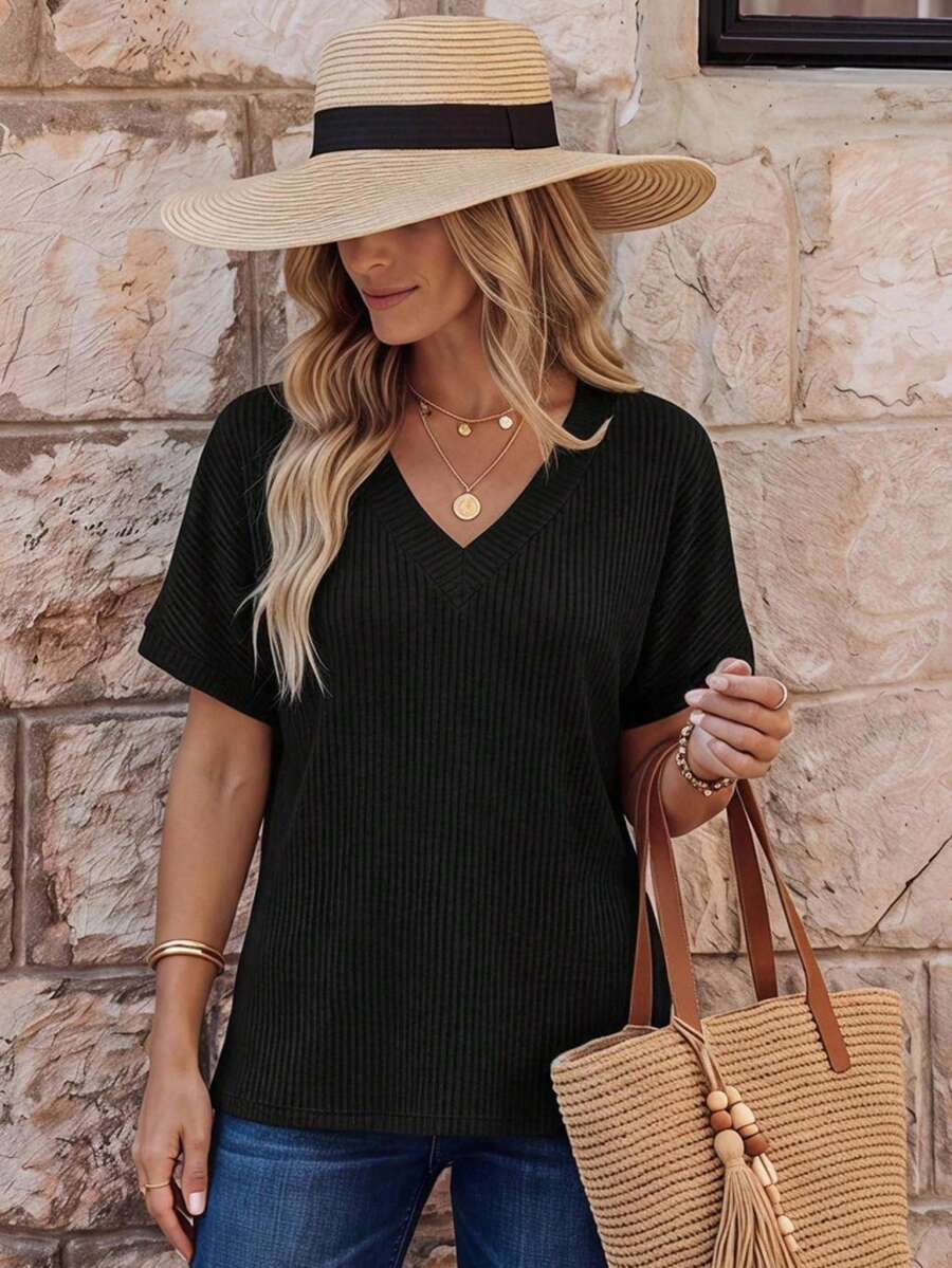 EMERY ROSE Women's Solid Color V-Neck Short Sleeve Casual T-Shirt - Black - View 1