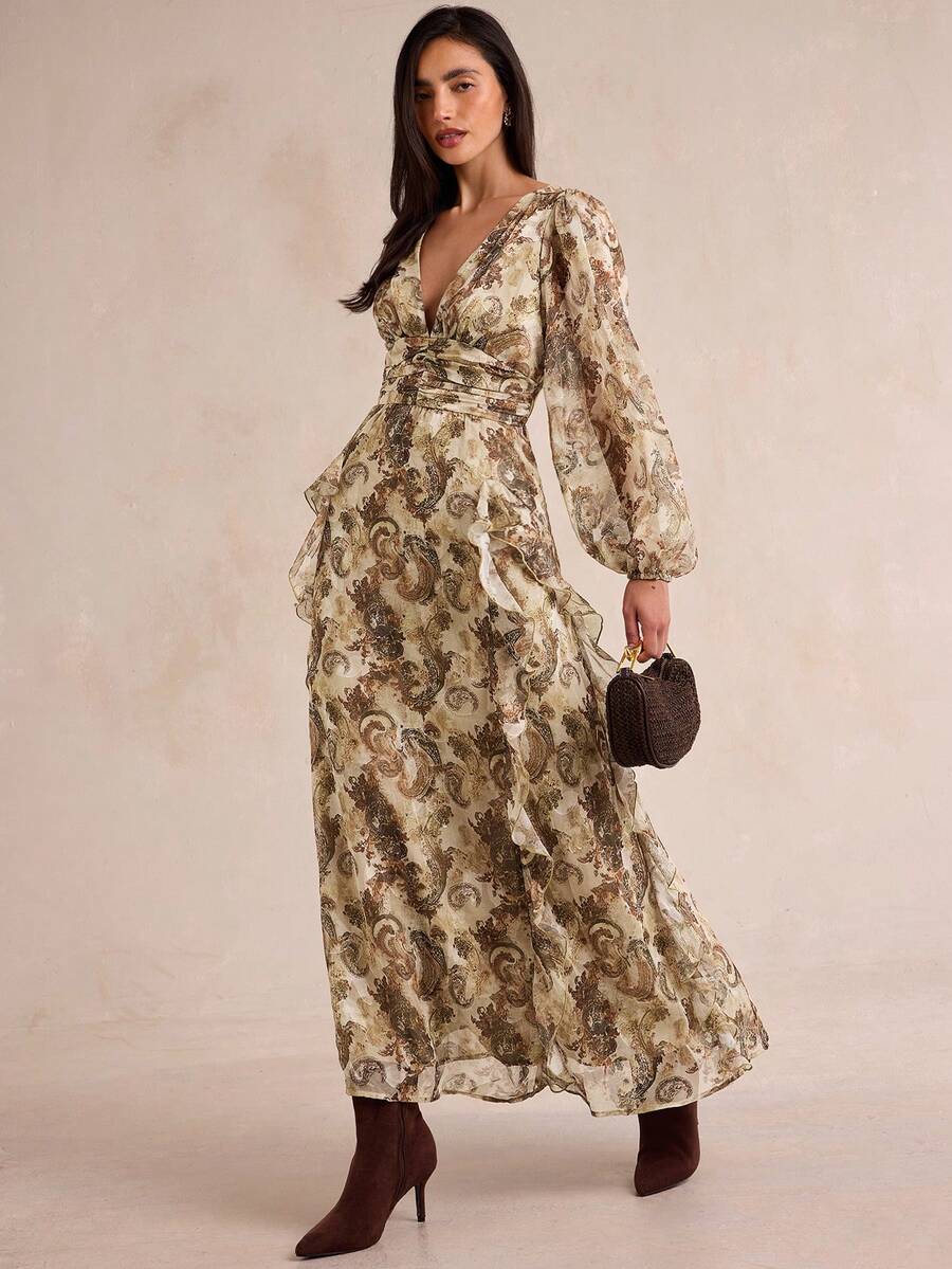 Enchnt 高級女款初秋浪漫優雅棕色印花時尚佩斯利花紋長洋裝，休閒洋裝，節慶穿搭，返校舞會，派對洋裝