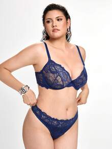 Slumbrini 1 Set Women Plus Size Solid Color Lace Underwire Bra & Panty Set, Lift - Navy Blue - View 4