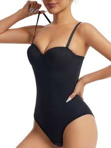 SHAPORA Women Fashionable And Elegant Cup Detail Black Bodysuit - Black - View 5