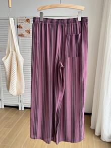 Comfortcana Plus Size Casual Versatile Striped Drawstring Waist Long Pants For Daily Wear - Watermelon Pink - View 2