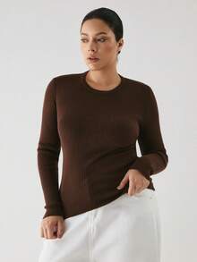 YARNWELL Women's Soft Crewneck Long Sleeve Sweater Stretchy Basic Knit Top, Everyday Essential For Daily - Brown - View 4