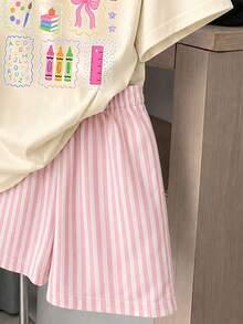 青少年女孩休閒圖案短袖寬鬆落肩T恤，適合夏季 - 彩色 - 查看 4