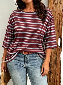 EMERY ROSE Camiseta casual de mujer talla grande con estampado de rayas y hombros caídos, adecuada para el verano - Multicolor - Ver 3