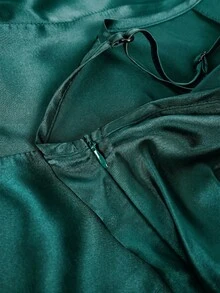 SHEIN 女款優雅性感緞面蕾絲拼接細肩帶祖母綠洋裝，適合夜晚外出、雞尾酒會、夏季穿著 - 軍綠色 - 查看 6