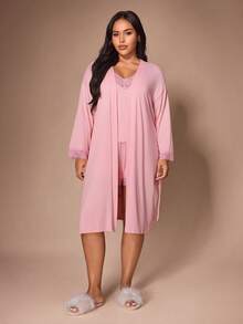 Lazeform Plus Size Solid Color Soft Lace Pajama Set, Women's Home Wear Camisole Long Sleeve Tie-Front Robe 4-Piece Set - Pink - View 6