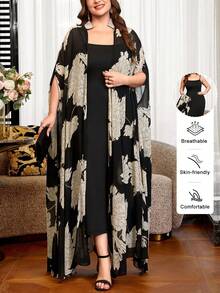 Reflora Plus Size Elegant Party Floral Print Robe 2pcs Set - Black - View 11