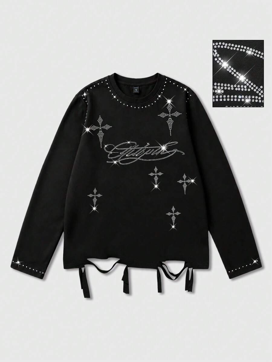ROMWE MEN Street Life Men's Cross Rhinestone Decor T-Shirt - Black - View 1