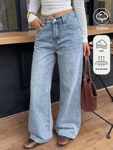 SHEIN Teen Girls Basic Blue Denim Loose Fit Long Pants Y2K Blue Jeans - Blue - View 1