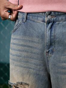 EVRINFINITE Men's Dark Blue Vintage Washed Loose Fit Wide Leg Jeans, StreetEZ Hang Out Street College Sport - Dark Wash - View 4