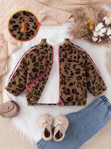 SHEIN 女嬰可愛秋冬豹紋毛絨條紋立領夾克外套 - 棕色 - 查看 3