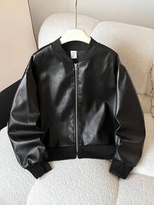 SHEIN 兒童青少年女孩秋季休閒街頭時尚拉鍊長袖PU皮革短夾克，學院風，適合返校季 - 黑色 - 查看 3
