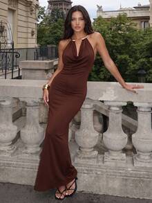 Selianne Đầm body ôm sát dáng đuôi cá nữ xuân/hè màu nâu cà phê ánh kim, cổ cowl, ôm dáng, ngực nhún, dài, gợi cảm thanh lịch, phù hợp đi tiệc cocktail và hẹn hò - màu nâu - Xem 4