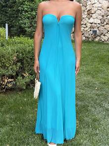 Ronhire Vestido Longo Fluido com Decote em V, Sem Alças e Decote Profundo para Mulheres, Azul Petróleo, Casual de Verão, Férias e Férias, Vestido de Praia Boêmio Elegante em Linha A para Festa e Balada - Azul menta - Visão 4