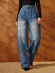 Anewsta Women's Fashion New Sparkling Rhinestone Embellished Vacation Light Blue Jeans Flared Pants Going Out Night Out Party Summer 90s Streetwear - Blue - View 3