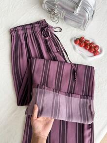 Comfortcana Plus Size Casual Versatile Striped Drawstring Waist Long Pants For Daily Wear - Watermelon Pink - View 5