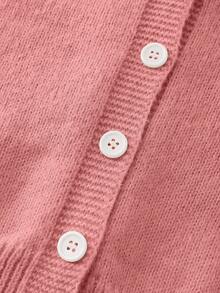 SHEIN Elladie kids 女童時尚休閒清新短版純色秋冬連帽針織開襟毛衣 - 粉色 - 查看 5