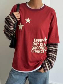 DAZY Women's Round Neck Contrast Stripe Korean Style Print Long Sleeve T-Shirt - Red - View 11