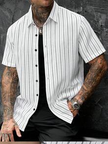 SLATEMANN Men's White Vintage Textured Linen-Like Vertical Stripe Casual Business Commute Versatile Short Sleeve Shirt, Summer - White - View 6
