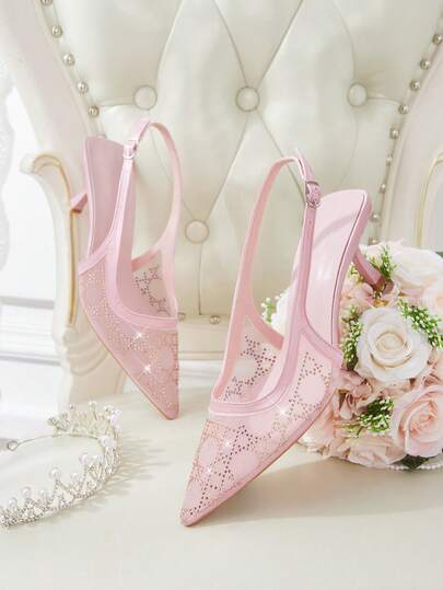 CUCCOO HITCHD Pointed Breathable Mesh Rhinestone Hollow Fashion Temperament Versatile Sexy Fairy Banquet Pink High Heels