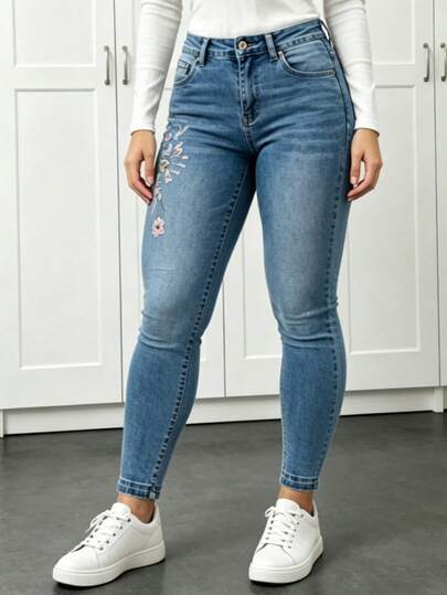 Jeans De Mujer Cintura Alta Elastico Con Bordados Florales Y Diseño Ajustado Pantalones De Mezclilla Skinny, Algodón Elástico, Para Primavera Verano Perfectos Para Primavera Verano