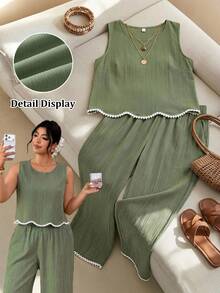 SHEIN PETITE CURVE 大码女式圆领撞色上衣和裤子休闲两件套 - 綠色 - 查看 1