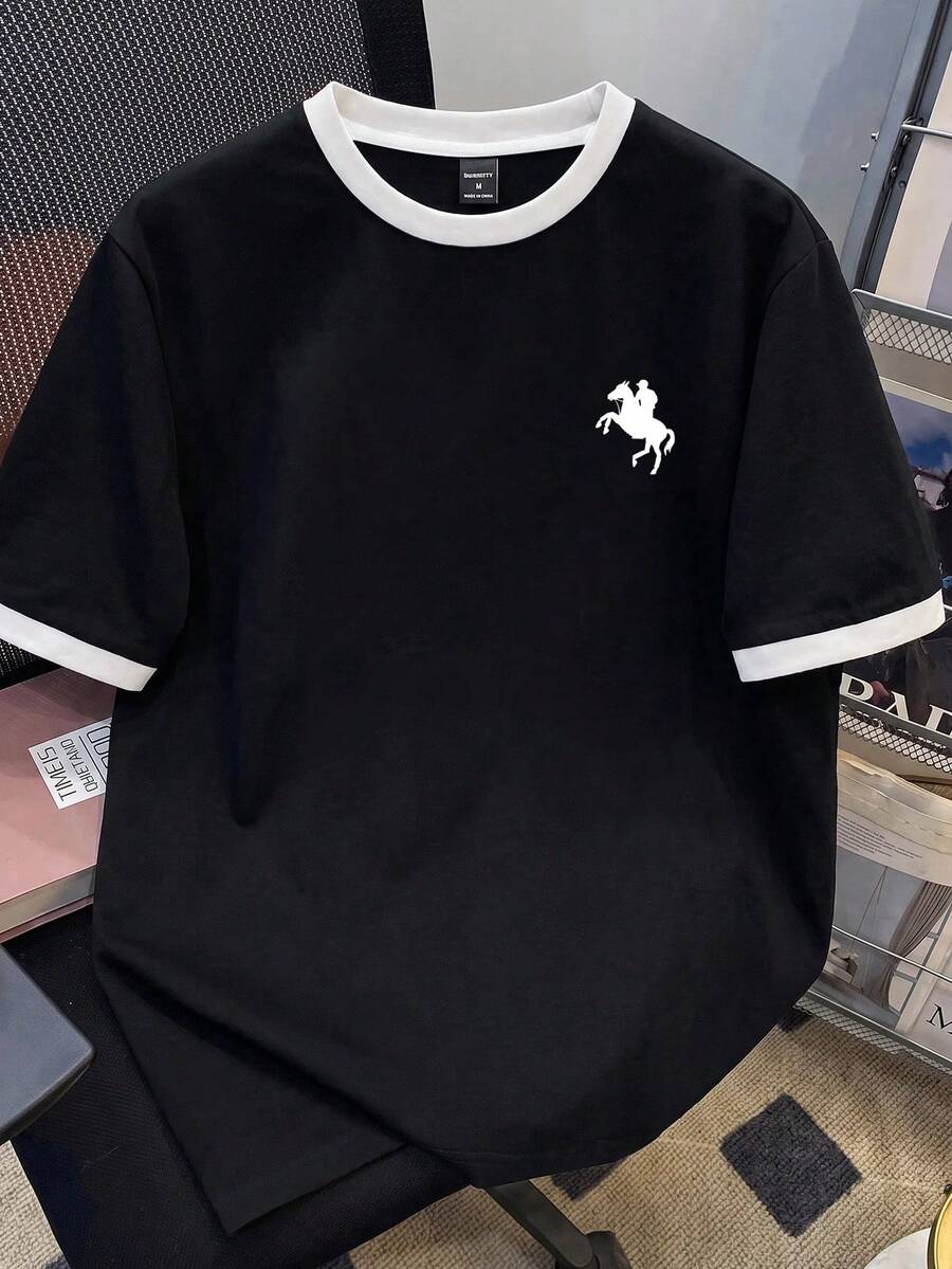 Manfinity Joysei Men's Knight Graphic Print Striped Colorblock Crew Neck Short Sleeve T-Shirt - Black - View 1