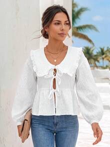Chiquease Women's Jacquard Fabric Front Button Tie Collar Oversized Blouse - White - View 3