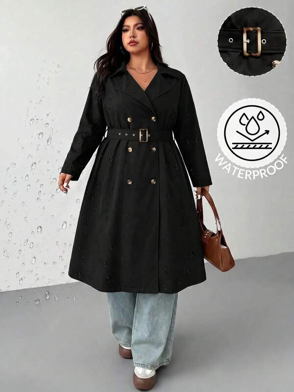 SHEIN CURVE+ Plus Size Vintage Long Sleeve Cinched Waist Women's Trench Coat, Black Autumn Jacket Fall