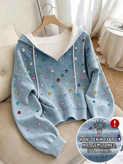 Lalippa Women's Autumn/Winter Colorful Rhinestone Decorated Long Sleeve Drawstring Hooded Sweatshirt