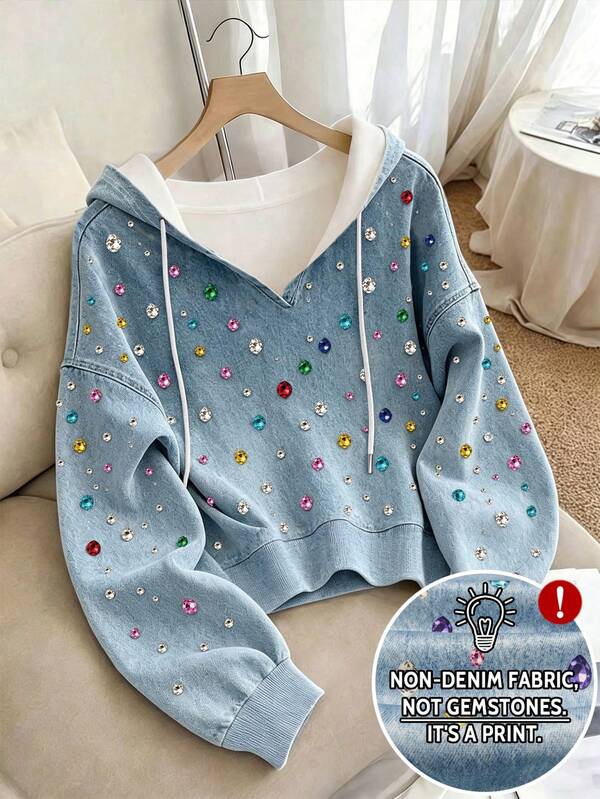 Resyla Women's Autumn/Winter Colorful Rhinestone Decorated Long Sleeve Drawstring Hooded Sweatshirt