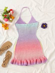 SHEIN Tween Girl New Style Vacation Knit Halter Tie Multi-Layer Ruffle Mini Dress, Carnival, Afternoon Tea, Beach, Cruise Vacation, City Street Vacation, Autumn/Winter Layering Tween Girl - Pink - View 3