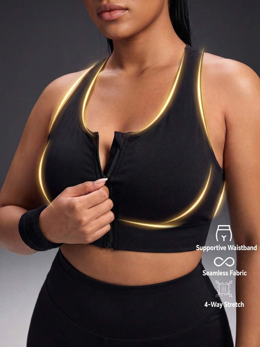 Powerista Women's Plus Size Solid Color Racerback Sports Bra Front-Opening Zipper For Sports, Fitness, Running, And Leisure Black Workout All Seasons  Going Out