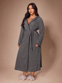 Lazeform Bata de descanso con capucha a rayas talla grande - Gris Oscuro - Ver 6