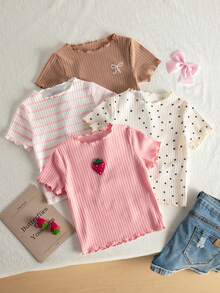 SHEIN 4件組少女3D草莓貼布、蝴蝶結刺繡與波點印花，粉色與白色條紋針織荷葉邊T恤，百搭套頭上衣，適合日常穿著 - 彩色 - 查看 3