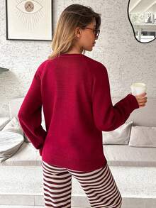 SHEIN Women Sweater With Button Dark Red Brunch Office Autumn Casual French - Burgundy - View 3