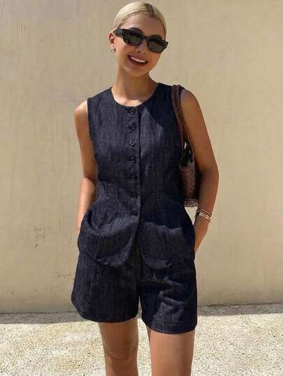 Livesso Women's 2 Pieces Set: Summer Denim Effect Sleeveless Blazer Vest And Shorts, Casual Wedding Brunch Office Business Home Vacation Commute Navy Blue