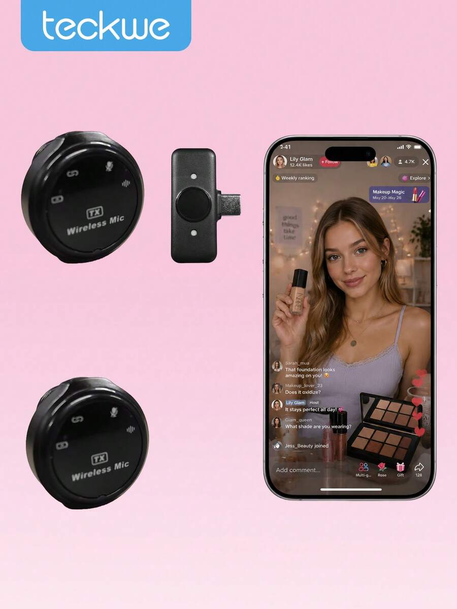 Teckwe 迷你无线笔记本按键麦克风,便携式可充电,低延迟,降噪,高保真清晰录音,信号传输稳定,兼容智能手机,适用于户外直播、Vlog创作、视频拍摄、采访、内容创作、播客等。内置300mAh电池。 - 查看 1