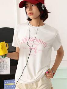 Chillnights Women's Letter Print Casual Daily Home Short Sleeve Pajama Top - White - View 1
