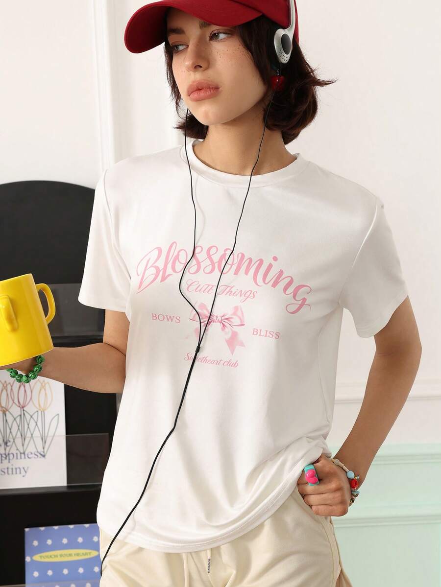 Chillnights Women's Letter Print Casual Daily Home Short Sleeve Pajama Top - White - View 1