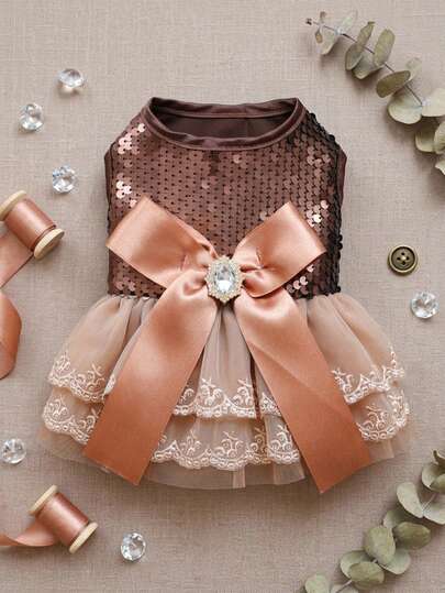 PETSIN 1pc Sequined Sleeveless Pet Fluffy Princess Dress, Rhinestone Satin Bow Lace Mesh Dog Dress, Small Cat And Dog Wedding, Birthday Party, Holiday Photo Costume