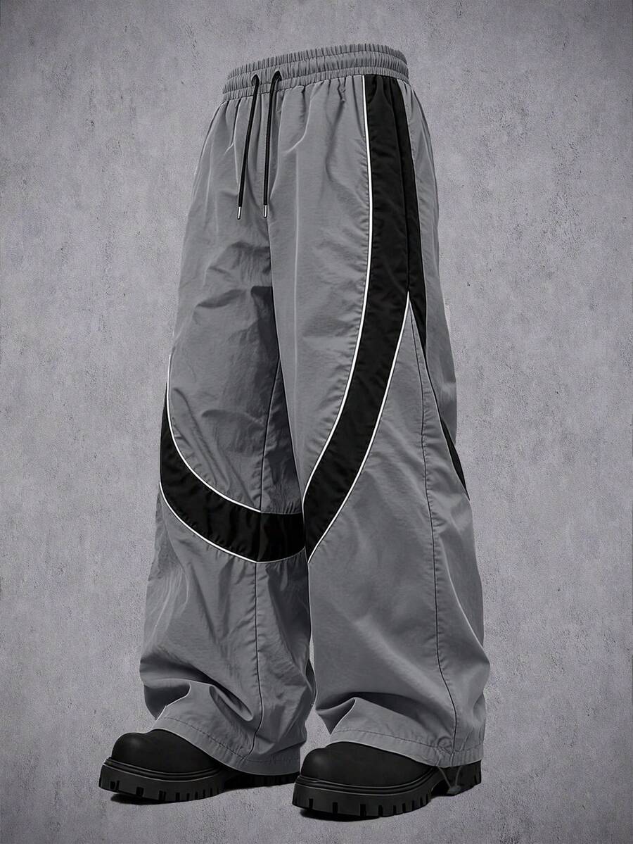 Manfinity Denimwave Men's Loose Jogging Pants, Drawstring Waistband And Drawstring Hem, Loose And Casual Streetwear Street Pants Beach Vacation Grey Summer - Grey - View 1